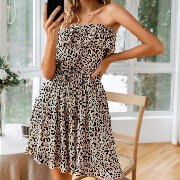 Boho leopard print off shoulder dress - Picture 4 of 8